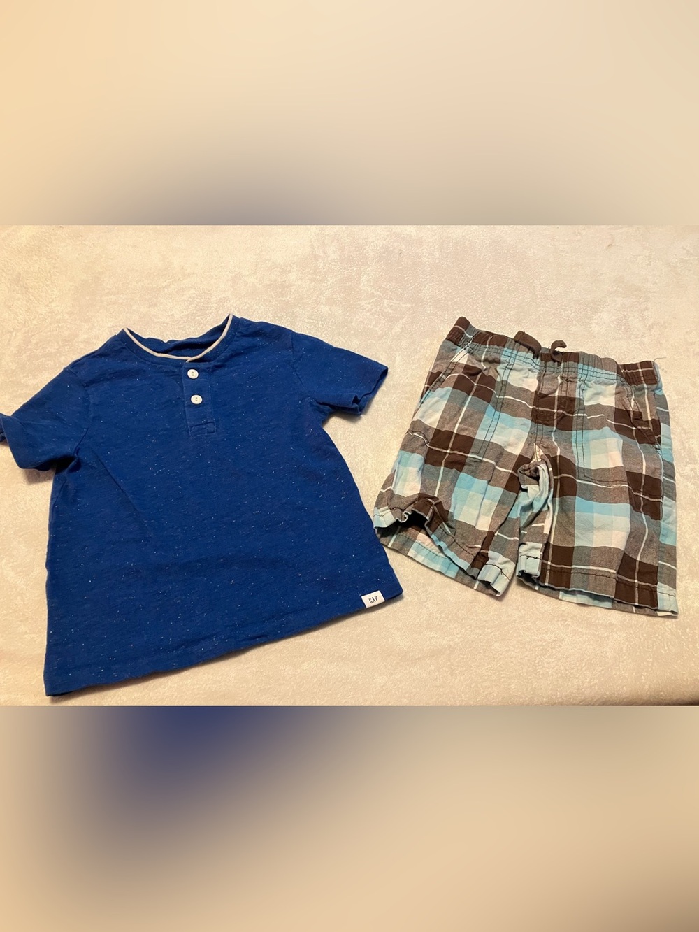 GAP Blue Henley Top with Blue and Brown Plaid Shorts
